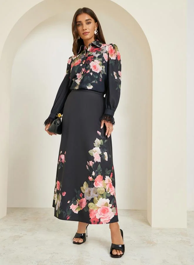 Styli  Women Black Floral Print Long Sleeve Shirt for Women | Best Price UAE