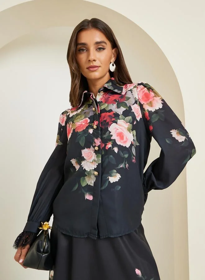 Styli  Women Black Floral Print Long Sleeve Shirt for Women | Best Price UAE