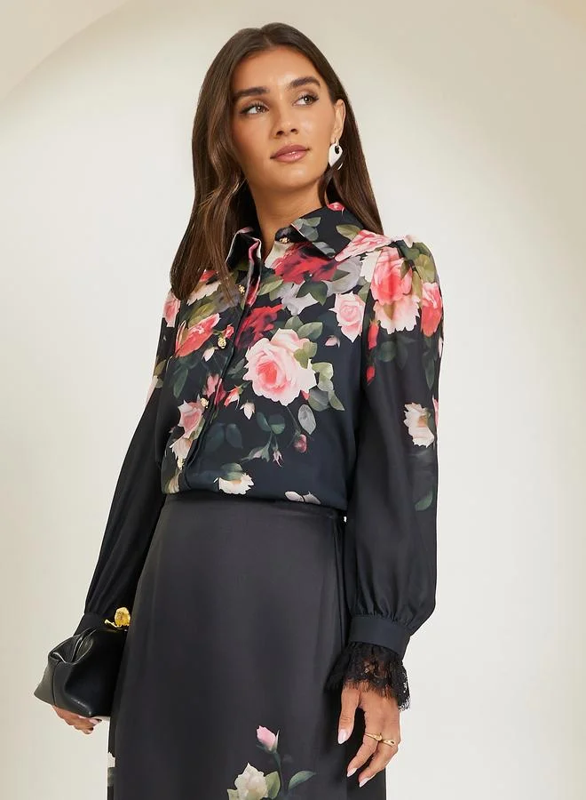 Women Black Floral Print Long Sleeve Shirt