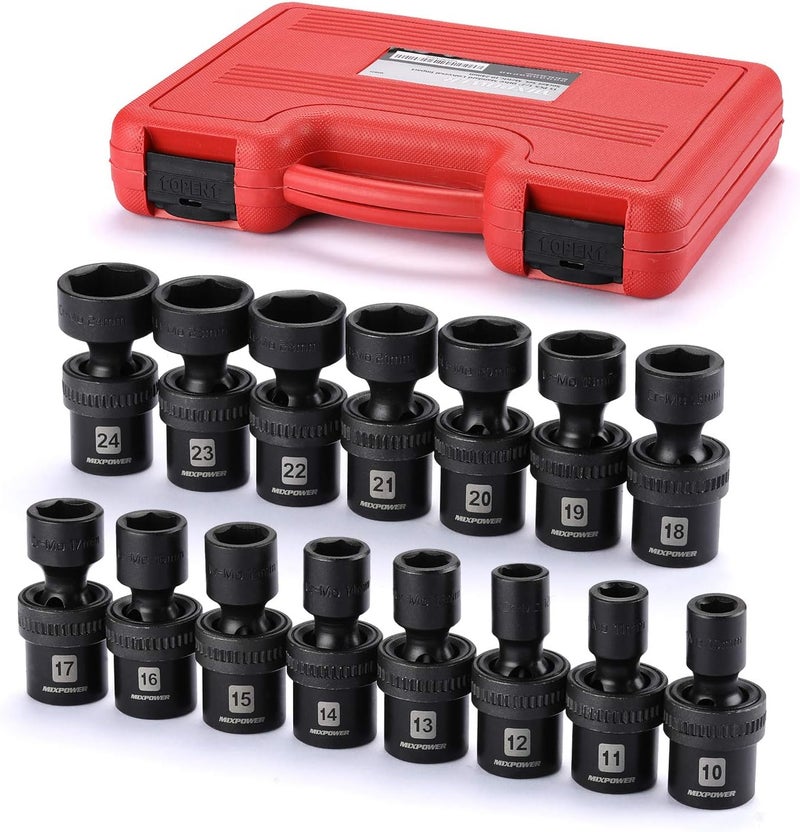 MIXPOWER 15-piece 1/2" Drive Shallow Universal Impact Socket Set, 6 Points, Metric, 10-24mm, Swivel Socket with Flexible Wobble, CR-MO, Heavy Duty Storage Case… B08JTJVV8M - Image 1