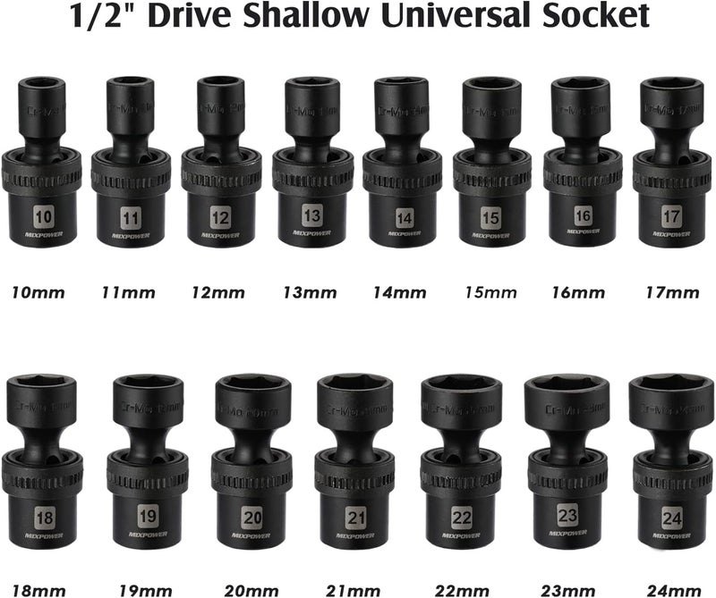 MIXPOWER 15-piece 1/2" Drive Shallow Universal Impact Socket Set, 6 Points, Metric, 10-24mm, Swivel Socket with Flexible Wobble, CR-MO, Heavy Duty Storage Case… B08JTJVV8M - Image 3