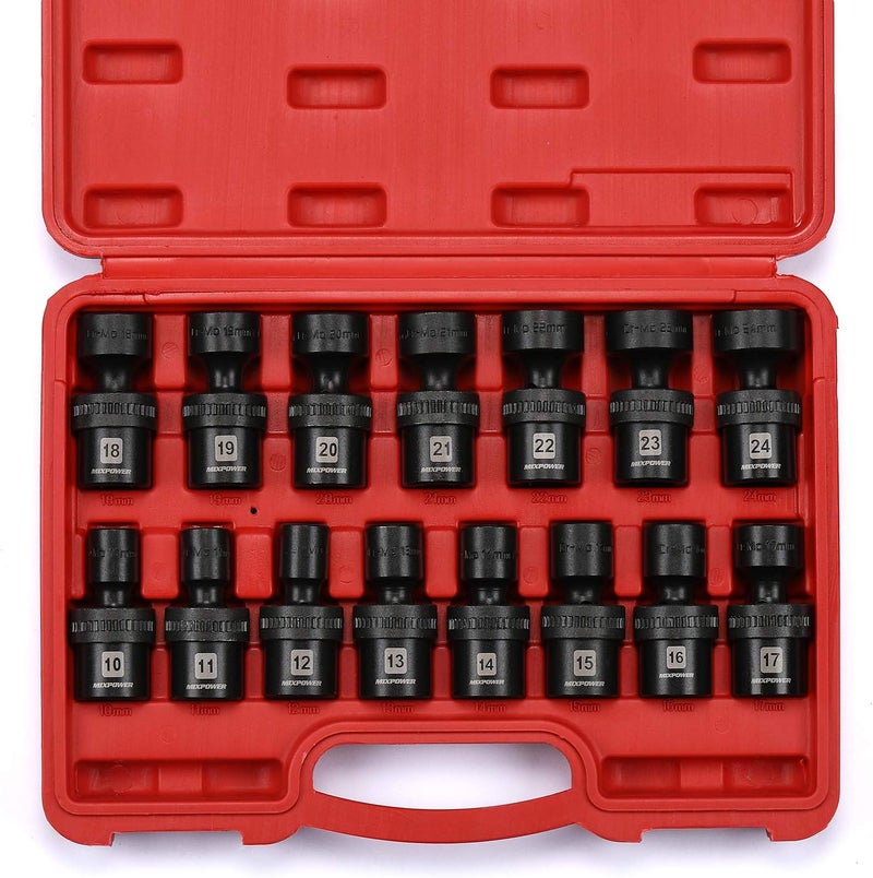 MIXPOWER 15-piece 1/2" Drive Shallow Universal Impact Socket Set, 6 Points, Metric, 10-24mm, Swivel Socket with Flexible Wobble, CR-MO, Heavy Duty Storage Case… B08JTJVV8M - Image 2