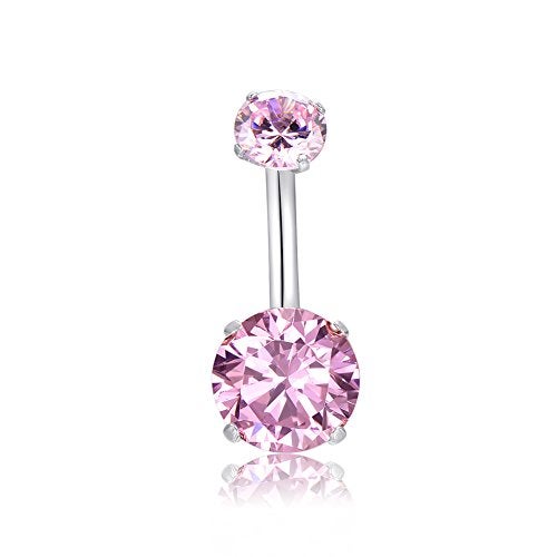 HQLA 14G Belly Button Rings Surgical Stainless Steel Round Cubic Zirconia Navel Barbell Stud Body Piercing (Pink) - Image 1