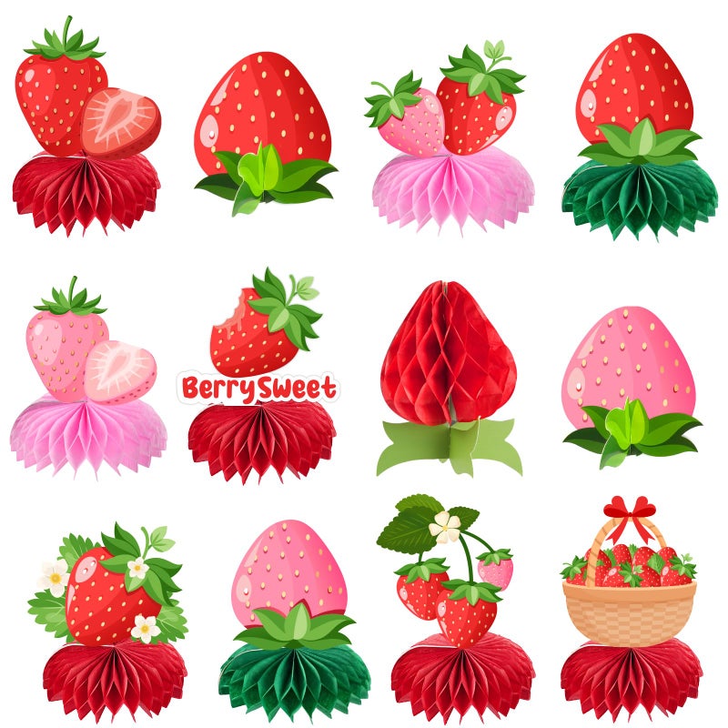 kockuu Sweet Strawberry Party Decorations  12 Pcs Red Pink Strawberry Honeycomb Centerpieces Decor Table Topper For Spring Summer Strawberries Theme Party Birthday Baby Shower Decorations Supplies - Image 1