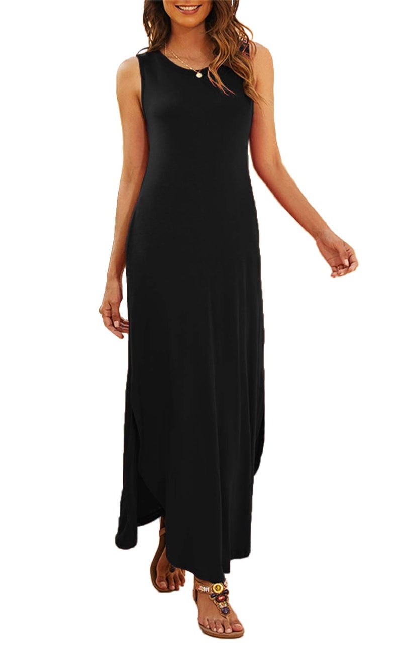 Hount Beach Dresses for Women 2026 Casual Summer Sundresses Sleeveless Side Split Long Maxi Dress with Pockets Black Medium - Image 1