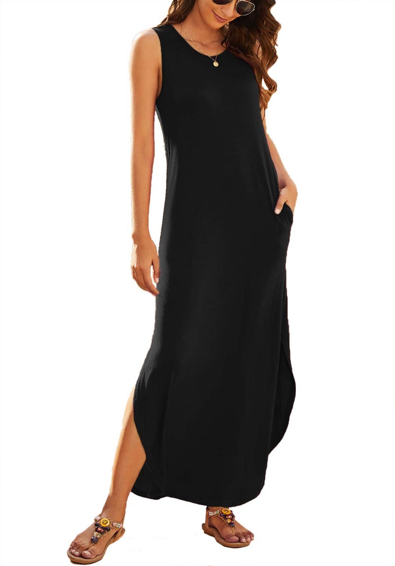 Hount Beach Dresses for Women 2026 Casual Summer Sundresses Sleeveless Side Split Long Maxi Dress with Pockets Black Medium - Image 2