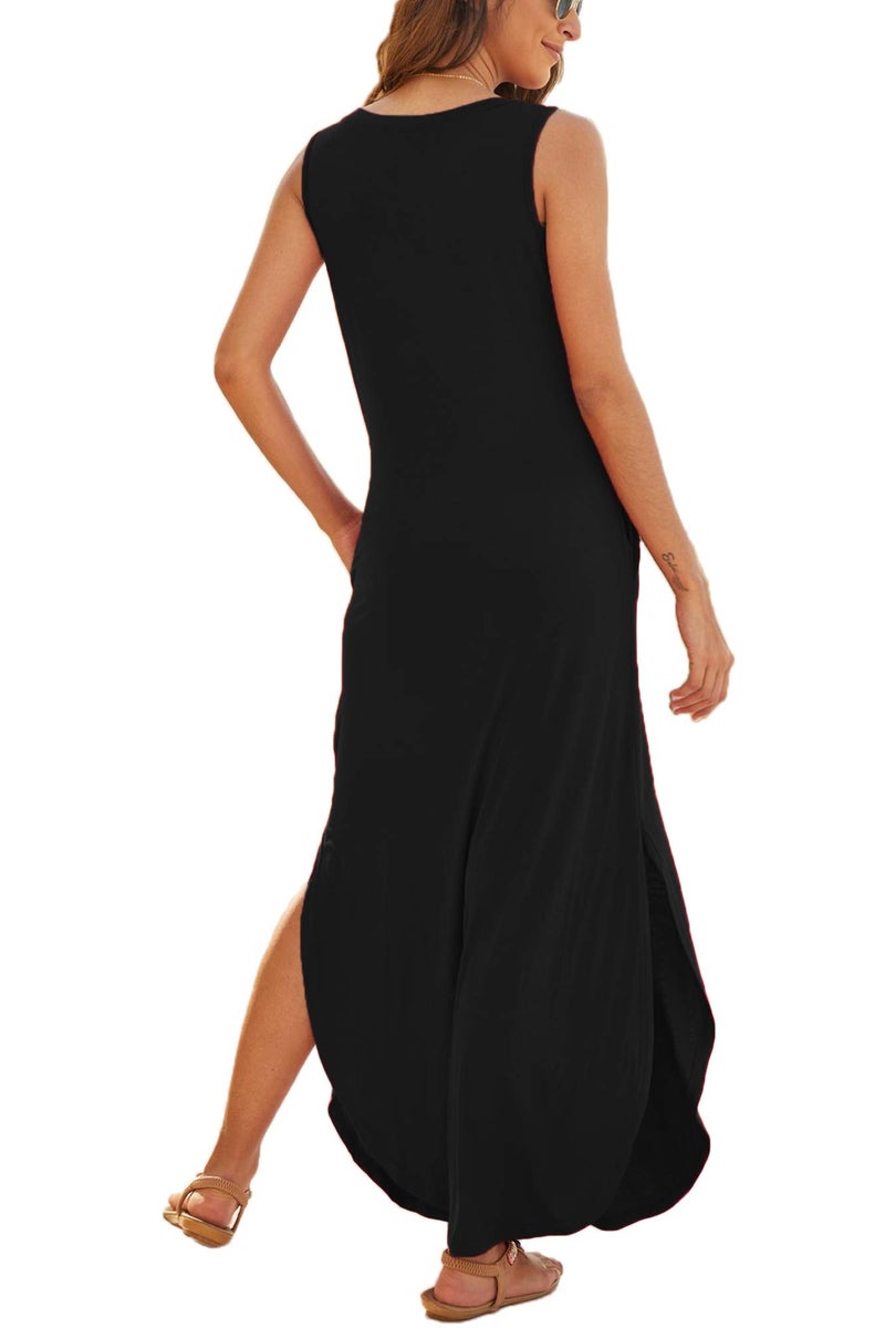 Hount Beach Dresses for Women 2026 Casual Summer Sundresses Sleeveless Side Split Long Maxi Dress with Pockets Black Medium - Image 3