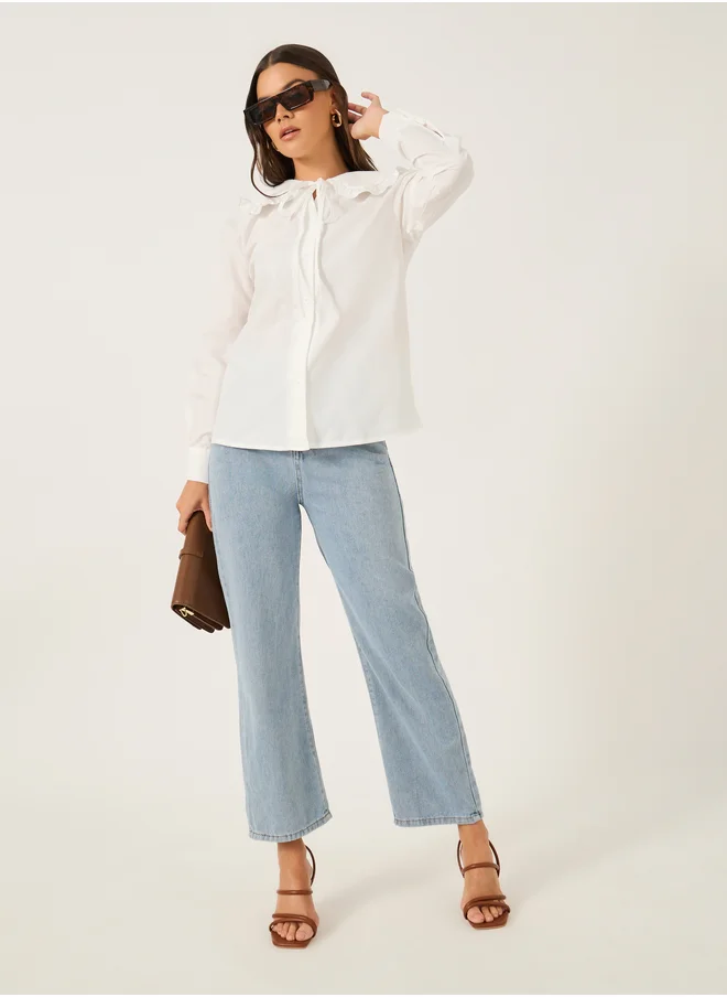 Styli Solid Peter Pan Collar Button Front Blouse with Tie Detail