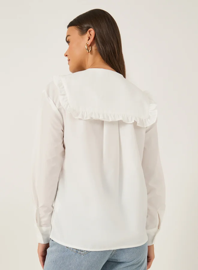 Styli Solid Peter Pan Collar Button Front Blouse with Tie Detail