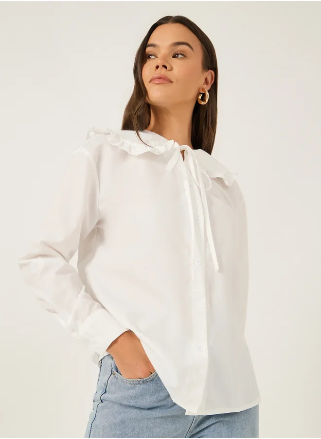 Styli Solid Peter Pan Collar Button Front Blouse with Tie Detail