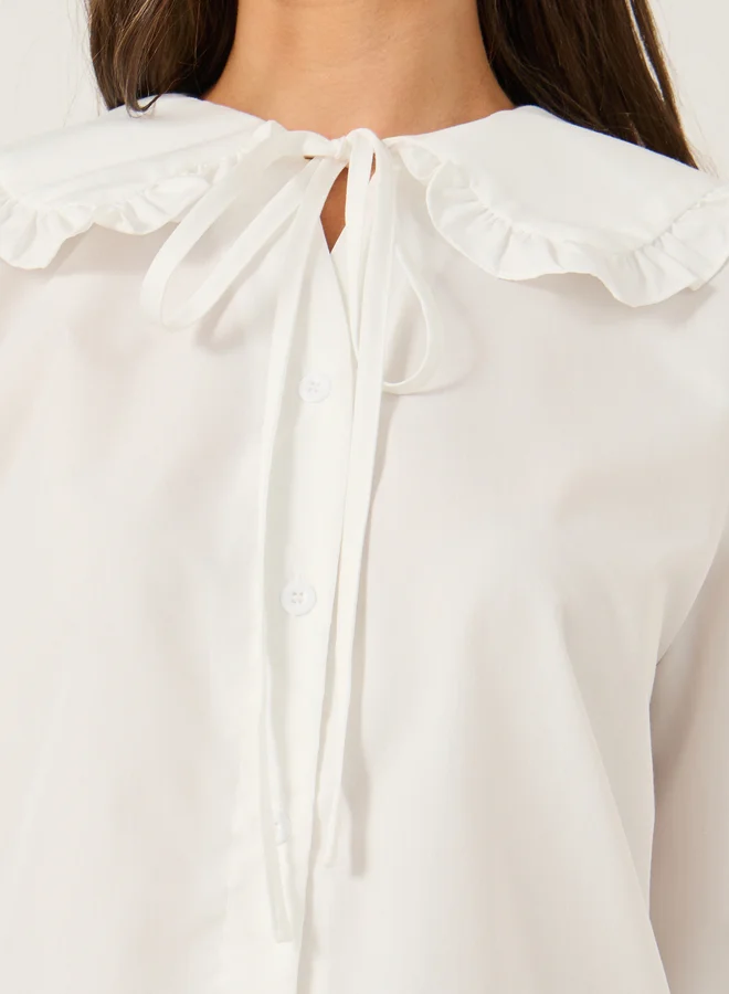 Styli Solid Peter Pan Collar Button Front Blouse with Tie Detail