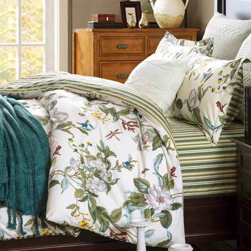 FADFAY Shabby Floral Bedding Set King Size 7Pcs 100 Cotton Green Cream Flower Bed Sheets with Duvet Cover Set Complete Bedding Bed in a Bag Vintage Countryside Ultra Soft Deep Pocket Fitted Sheets