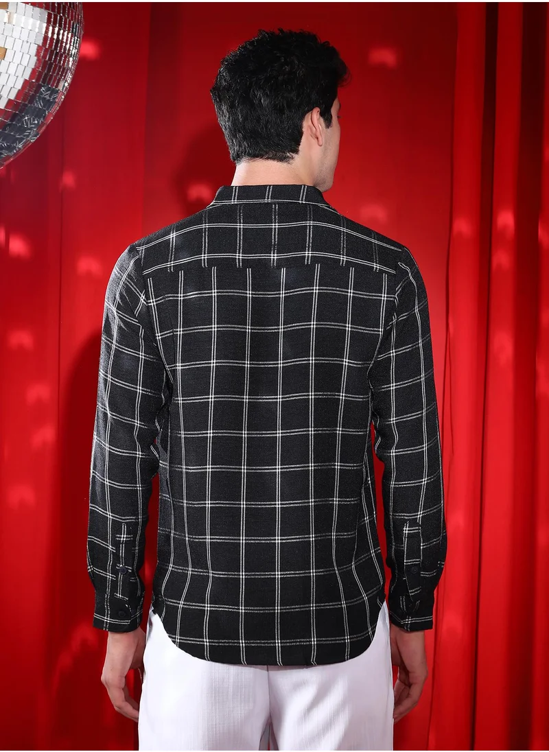 Campus Sutra Men's Midnight Black Graph-Check Relaxed Shirt
