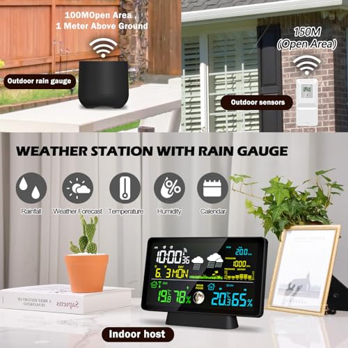 BIUWING Wireless Rain Gauge and Weather Station Digital Rain Gauge Outdoor Home Weather Stations with Thermometer Hygrometer Atomic Clock Forecast and Barometer Weather Station with Rain Gauges - Image 3