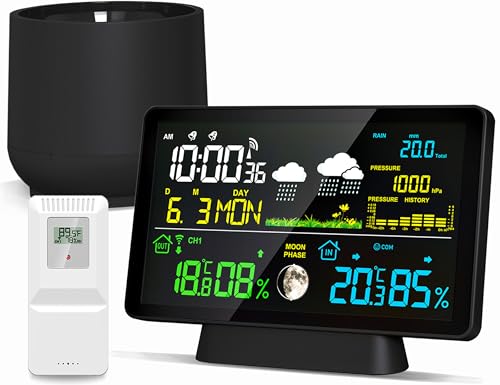 BIUWING Wireless Rain Gauge and Weather Station Digital Rain Gauge Outdoor Home Weather Stations with Thermometer Hygrometer Atomic Clock Forecast and Barometer Weather Station with Rain Gauges - Image 1
