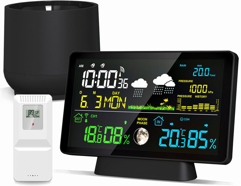 BIUWING Wireless Rain Gauge and Weather Station Digital Rain Gauge Outdoor Home Weather Stations with Thermometer Hygrometer Atomic Clock Forecast and Barometer Weather Station with Rain Gauges - Image 2