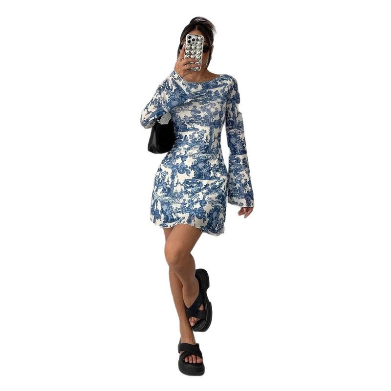 Luoding Women's Floral Print Flared Sleeve Mesh Dress - Image 5
