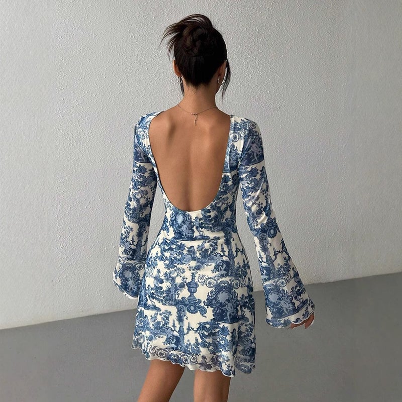 Luoding Women's Floral Print Flared Sleeve Mesh Dress - Image 3