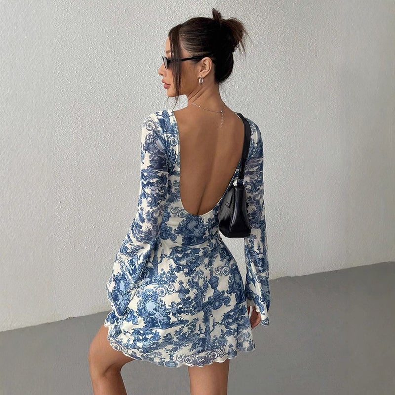 Luoding Women's Floral Print Flared Sleeve Mesh Dress - Image 1