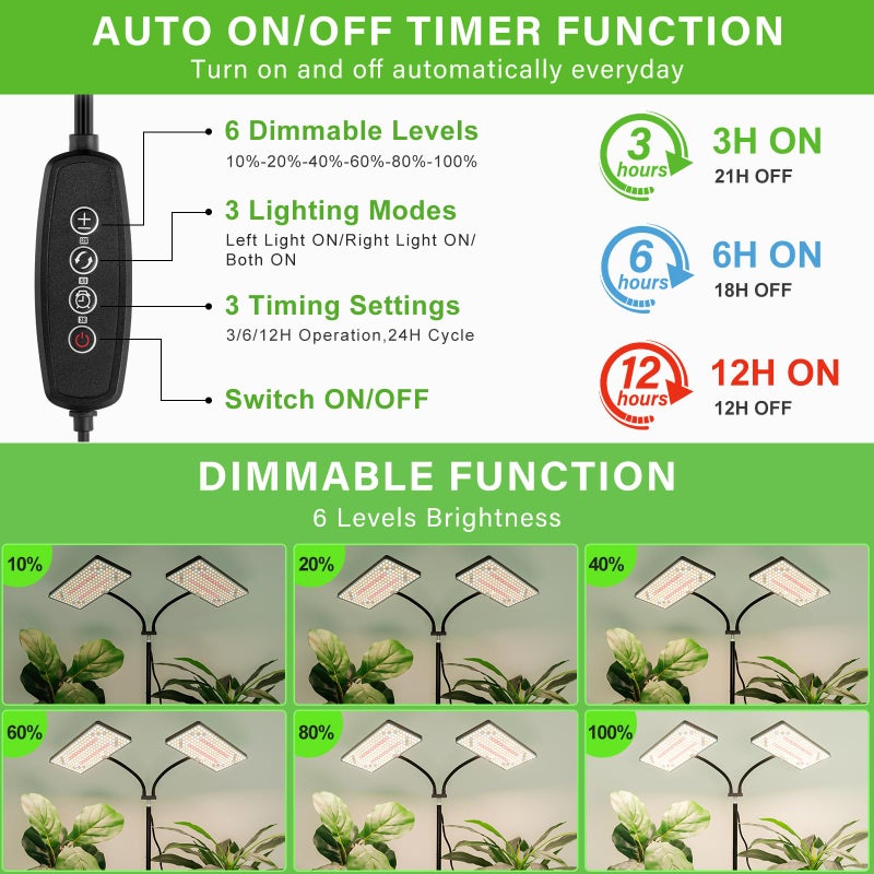 LBW Latest Grow Light for Indoor Plants, 428 LED Dual-Head Full Spectrum Standing Plant Light, Floor Grow Lamp with 3/6/12H Timer, 6 Brightness Levels, 3 Switch Modes, 75" Adjustable Tripod Stand - Image 4