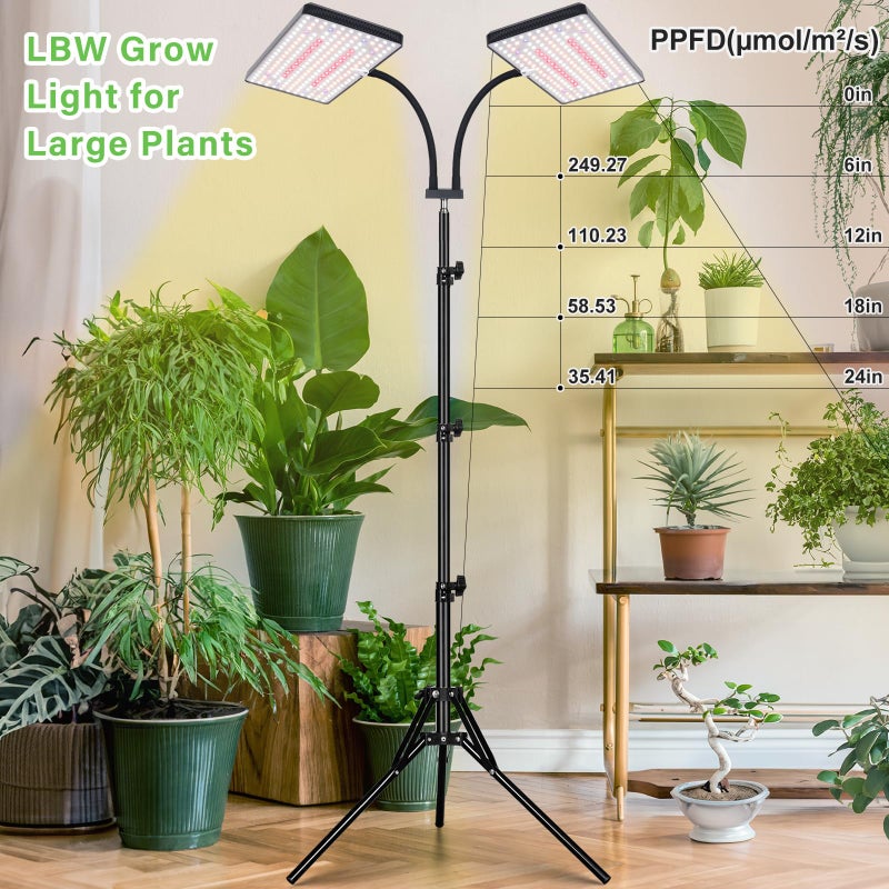 LBW Latest Grow Light for Indoor Plants, 428 LED Dual-Head Full Spectrum Standing Plant Light, Floor Grow Lamp with 3/6/12H Timer, 6 Brightness Levels, 3 Switch Modes, 75" Adjustable Tripod Stand - Image 2