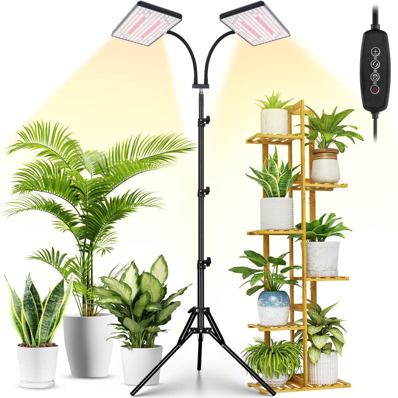 LBW Latest Grow Light for Indoor Plants, 428 LED Dual-Head Full Spectrum Standing Plant Light, Floor Grow Lamp with 3/6/12H Timer, 6 Brightness Levels, 3 Switch Modes, 75" Adjustable Tripod Stand - Image 1
