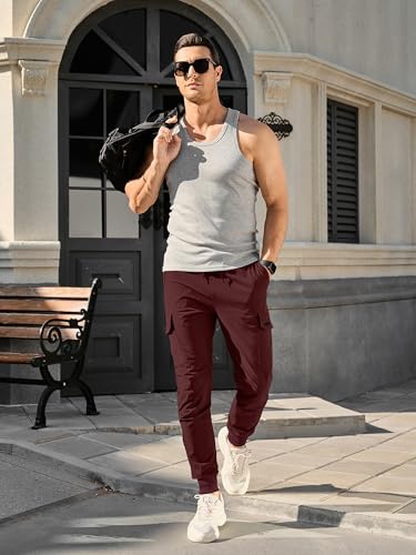 Comdecevis Men's Cargo Jogger Pants Stretch Sweatpants Slim Fit Tactical Pants with Zipper Pockets Casual Trousers Dark Red Medium - Image 4