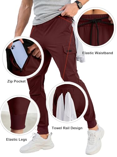 Comdecevis Men's Cargo Jogger Pants Stretch Sweatpants Slim Fit Tactical Pants with Zipper Pockets Casual Trousers Dark Red Medium - Image 2