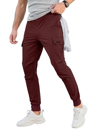 Comdecevis Men's Cargo Jogger Pants Stretch Sweatpants Slim Fit Tactical Pants with Zipper Pockets Casual Trousers Dark Red Medium - Image 1