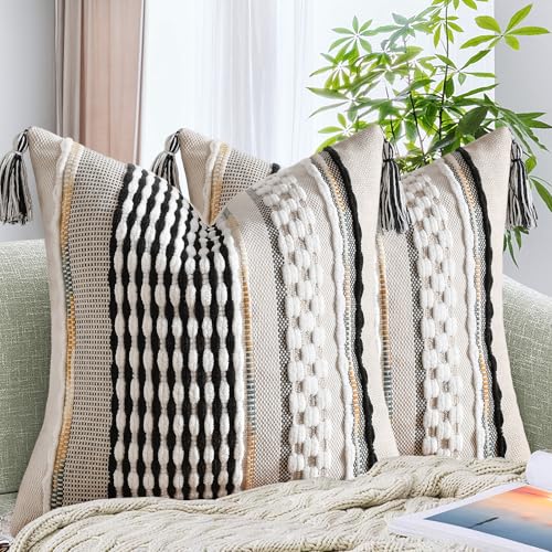 AmHoo Set of 2 Chenille Striped Textured Boho Throw Pillow Covers Aesthetic with Tassels Woven Decorative Pillow Case for Couch Bed Sofa Bedroom Modern Funky 18 x 18Inch Black - Image 1