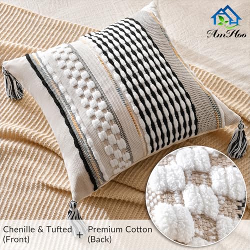 AmHoo Set of 2 Chenille Striped Textured Boho Throw Pillow Covers Aesthetic with Tassels Woven Decorative Pillow Case for Couch Bed Sofa Bedroom Modern Funky 18 x 18Inch Black - Image 3
