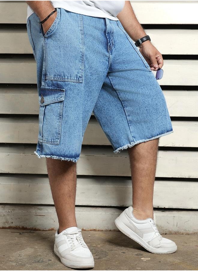 HIGH STAR Men's Indigo 100% Cotton Solid Knee Length Denim Cargo Relaxed Shorts  - Image 3