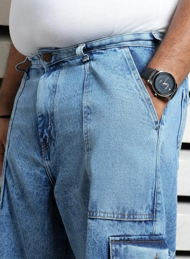 HIGH STAR Men's Indigo 100% Cotton Solid Knee Length Denim Cargo Relaxed Shorts