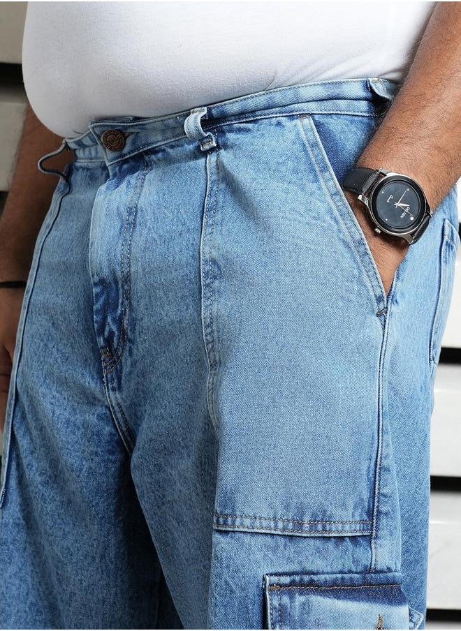 HIGH STAR Men's Indigo 100% Cotton Solid Knee Length Denim Cargo Relaxed Shorts  - Image 5
