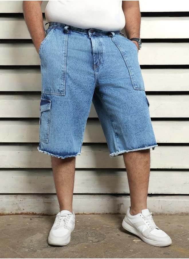 هاي ستار Men's Indigo 100% Cotton Solid Knee Length Denim Cargo Relaxed Shorts