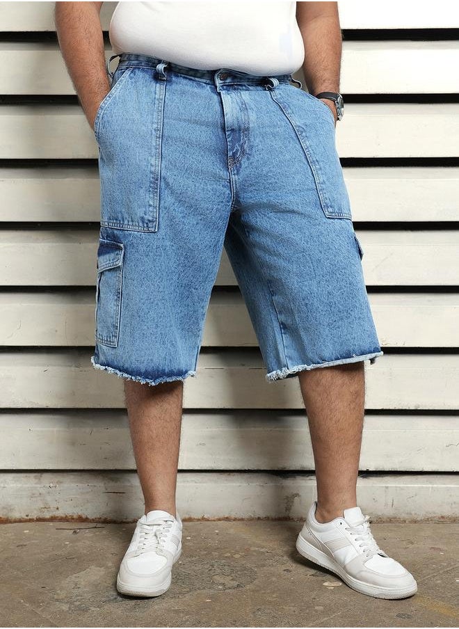HIGH STAR Men's Indigo 100% Cotton Solid Knee Length Denim Cargo Relaxed Shorts  - Image 2