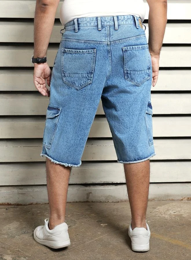 HIGH STAR Men's Indigo 100% Cotton Solid Knee Length Denim Cargo Relaxed Shorts