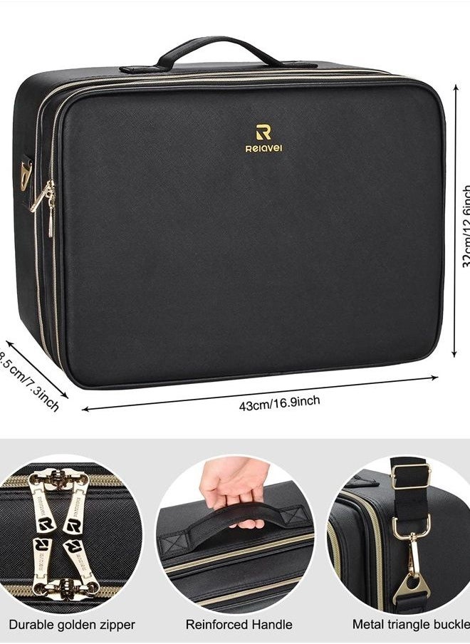 Relavel Extra Large Makeup Case Travel Makeup Bag Professional Leather Artist Bag Portable Cosmetic Brush Holder Organizer Nail Organizer Box with Adjustable Dividers  - Image 4