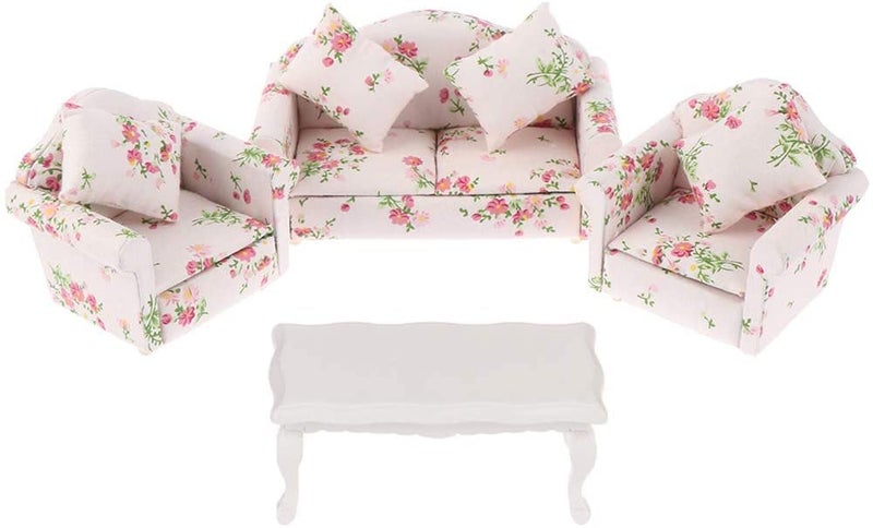 Haomian Dollhouse Furniture Set 3 Pcs 112 Dollhouse Miniature Wooden Sofa Cushions Armchair Pillow Kit Dolls House Furniture Couch with 1 Pc Dollhouse Teatable Coffee Table - Image 2
