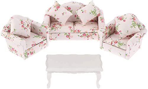 Haomian Dollhouse Furniture Set 3 Pcs 112 Dollhouse Miniature Wooden Sofa Cushions Armchair Pillow Kit Dolls House Furniture Couch with 1 Pc Dollhouse Teatable Coffee Table - Image 1