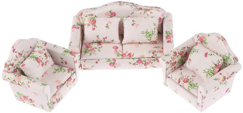 Haomian Dollhouse Furniture Set 3 Pcs 112 Dollhouse Miniature Wooden Sofa Cushions Armchair Pillow Kit Dolls House Furniture Couch with 1 Pc Dollhouse Teatable Coffee Table - Image 3