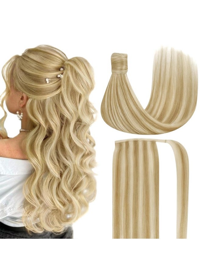 Ve Sunny Ponytail Hair Extensions Blonde Ponytail Extension Human Hair Comfortable Wear Wrap Around Ponytail Human Hair Blonde Highlights Platinum For Thick Hair Real Hair Ponytail 14Inch 80G  - Image 1