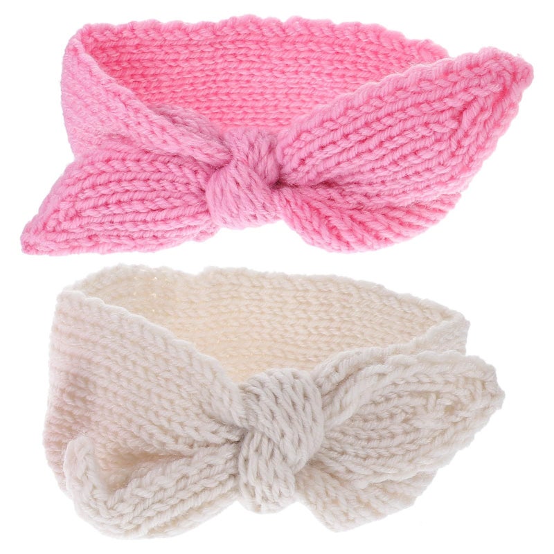 2pcs Knitted Headbands Bow Hair Accessories Newborn Soft Warm Pink Cream - Image 2