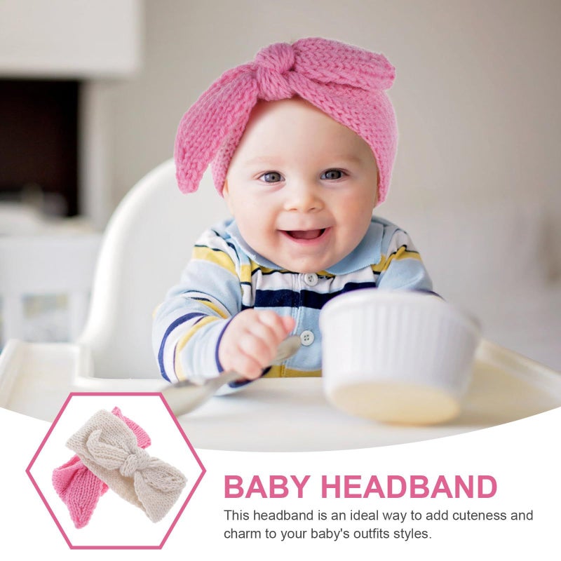 2pcs Knitted Headbands Bow Hair Accessories Newborn Soft Warm Pink Cream - Image 4