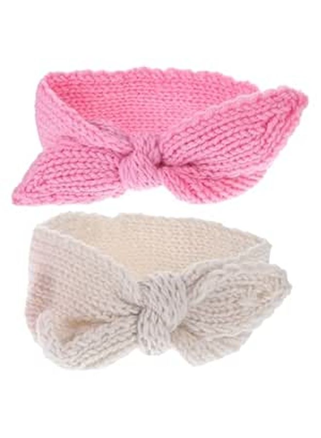 2pcs Knitted Headbands Bow Hair Accessories Newborn Soft Warm Pink Cream - Image 1