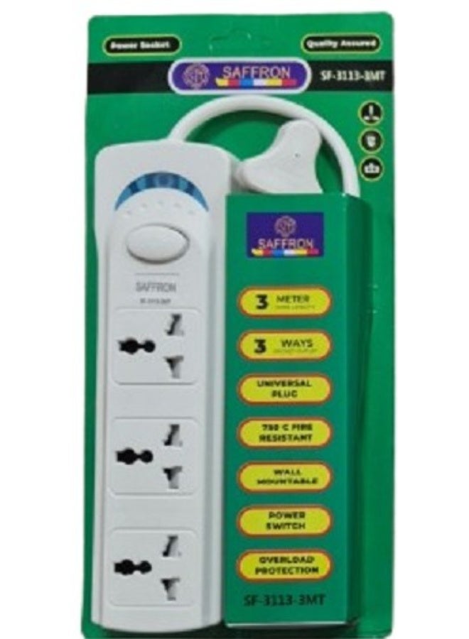 Extension Socket – 3 Way – 3 Meter Cable - With Switch & Overload Protection