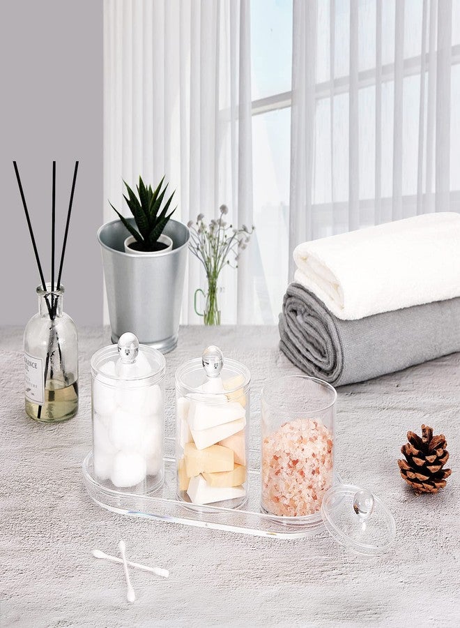 SheeChung Qtip Holder Bathroom Set with Tray(4PCS) - 3 Pack Acrylic Plastic Apothecary Jars Qtip Dispenser Canister with Lid and Labels, 1 Pack Bathroom Vanity Tray, for Cotton Ball, Cotton Swab(Clear) - Image 3