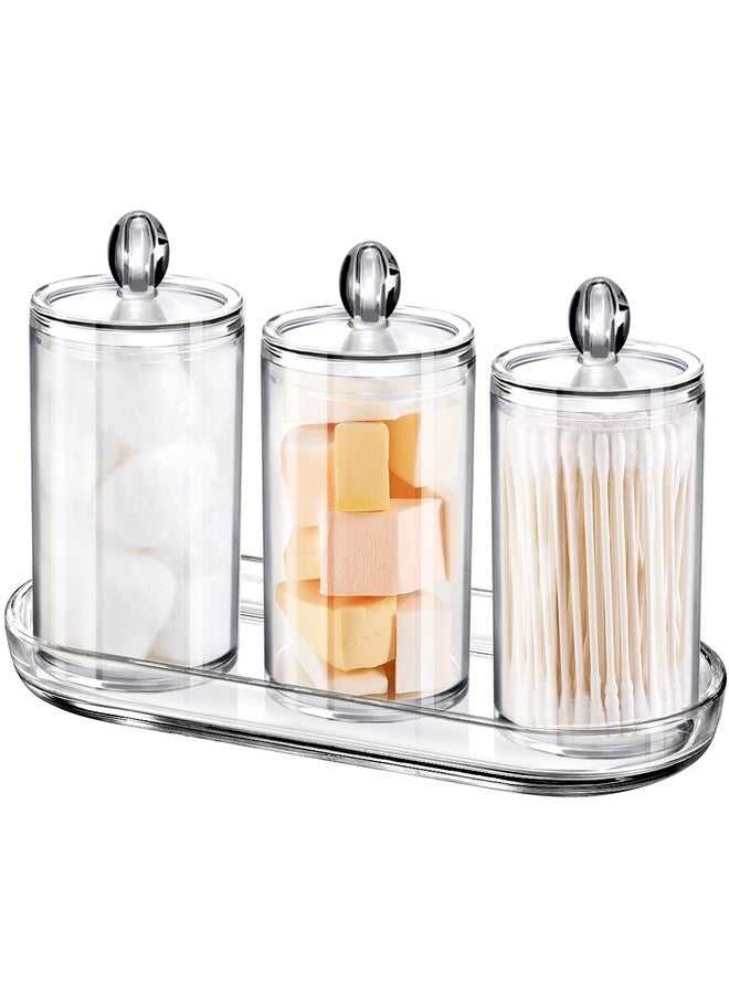SheeChung Qtip Holder Bathroom Set with Tray(4PCS) - 3 Pack Acrylic Plastic Apothecary Jars Qtip Dispenser Canister with Lid and Labels, 1 Pack Bathroom Vanity Tray, for Cotton Ball, Cotton Swab(Clear) - Image 1