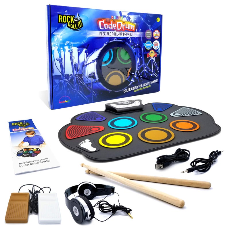 MUKIKIM Rock And Roll It CodeDrum Roll Up Portable Drum Set for Kids Adults Electronic Silicone Rainbow Drum Pad Headphones Pedals Drum Sticks PlayByColor Rhythm Booklet Included