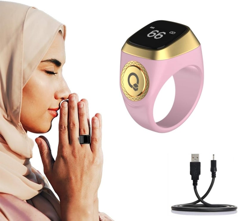 Smart Ring Counter for Men,Digital Tasbeeh Tasbih Finger Counter Muslim Islamic Prayer Smart Rings Unisex Azan Alarm Clock Finger Counter Gifts 5 Prayer Time Reminder Pray Trackers (Pink, 20mm) - Image 1